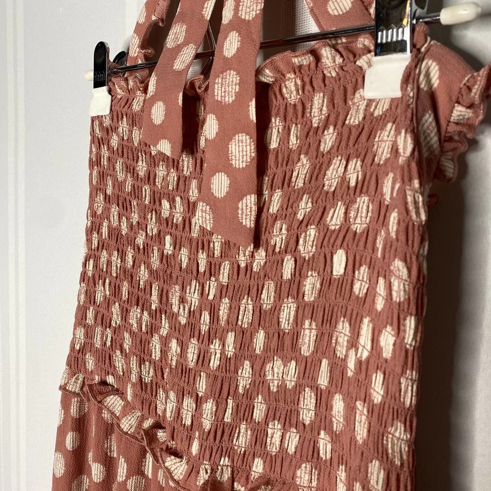 Candie's Smocked Sleeveless Polka Dot Halter Tie Jumpsuit Large Pink White New - Picture 4 of 12